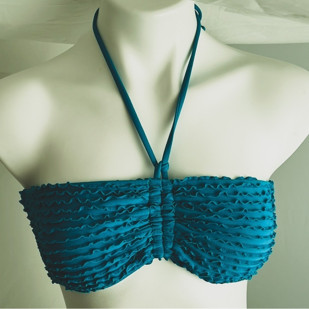 Ralph Lauren teal blue ruffle halter bikini top L